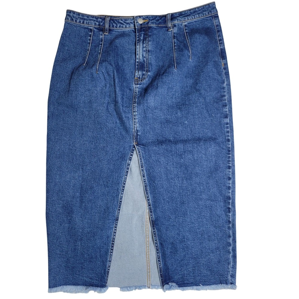 Showpo Women's 14 Denim Midi Skirt With Front Slit & Frayed Hem